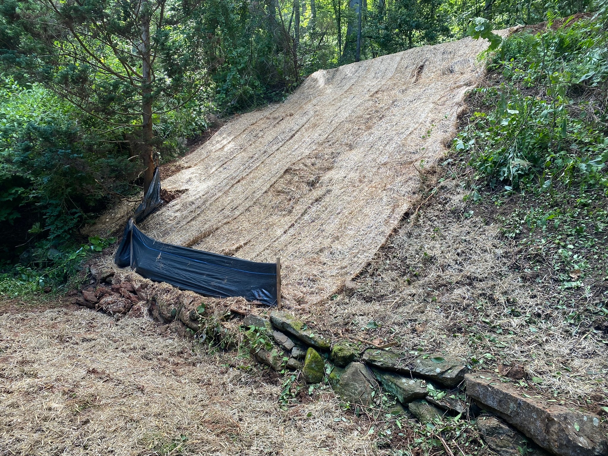 Erosion control straw mat on hillside